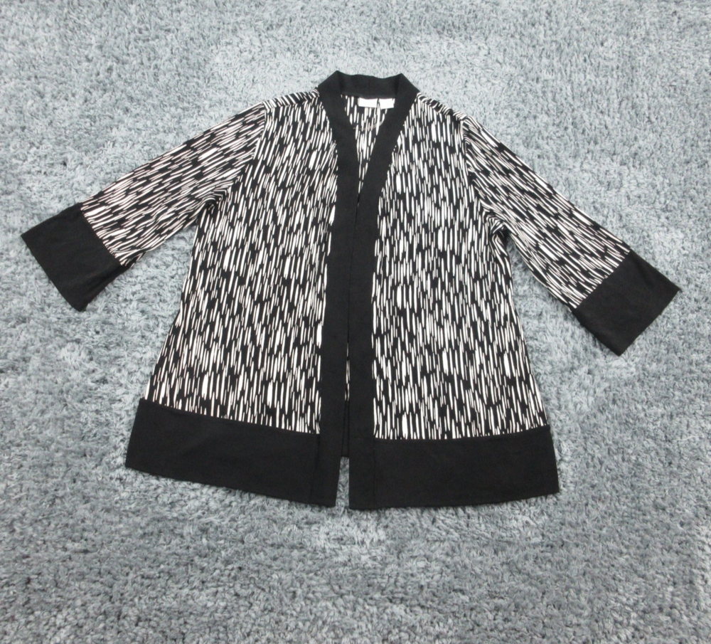 Chicos Travelers Jacket Womens 2 US 12 14 Black White Open Front Stretch Ikat Pr